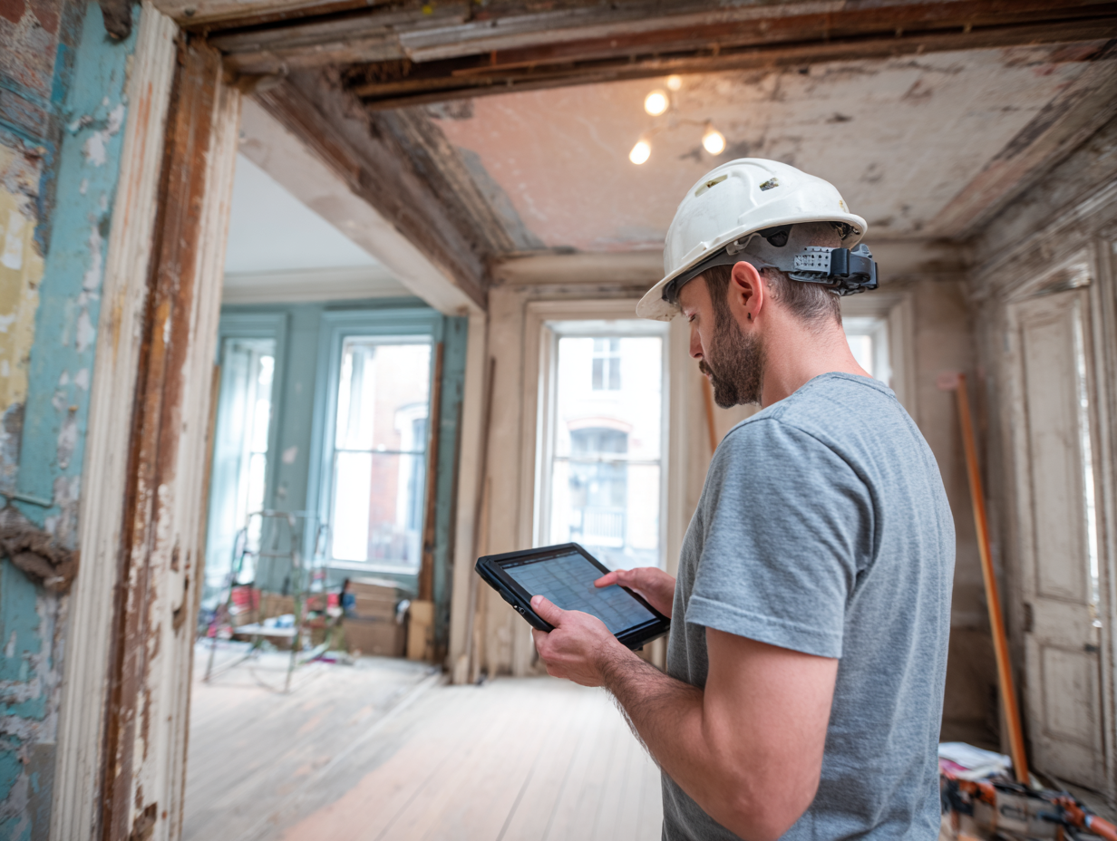 Construction technician inspecting a renovation site and reviewing plans on a tablet.